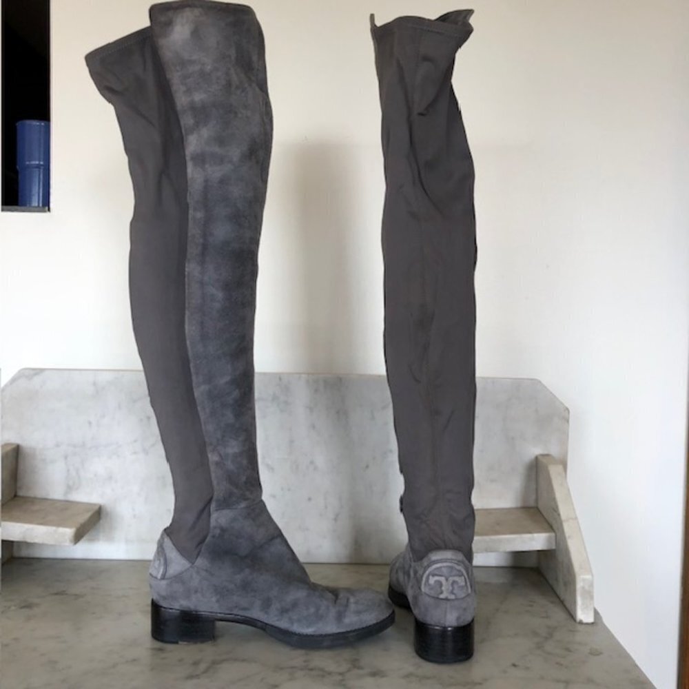 TORY BURCH Caitlin Over Knee Gray Elastic Stretch Suede  Boot 6M